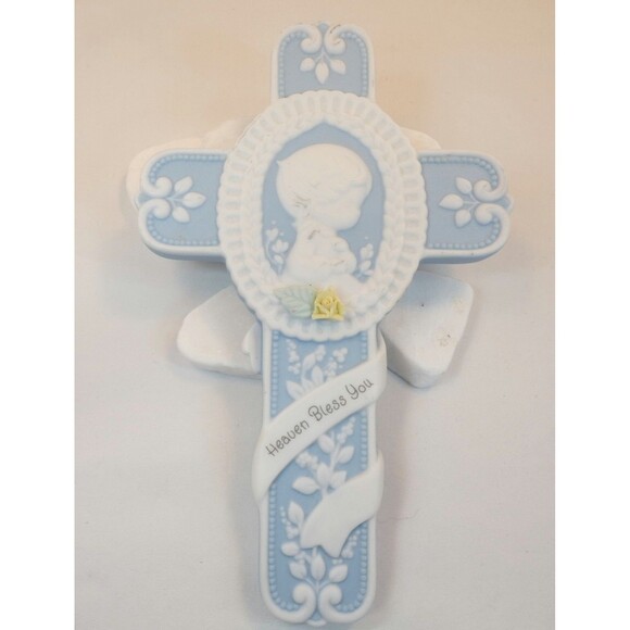 Precious Moments Heaven Bless You White Blue Boy 7” Cross 1996  New - Picture 6 of 6